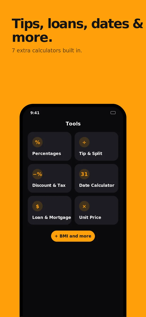 Seven extra calculators: tips, loans, dates and more